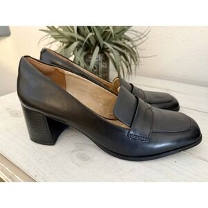 Rockport Heeled Leather Loafers Pumps Women Sz 9 Black Block Heel Shoes 2" Heel